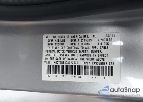 2013 Honda Accord Ex-L from USA, damaged, VIN 1HGCT1B83DA022539